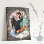 Relocation concept. A smiling cheerful multiracial couple in embraces lookin in each other eyes